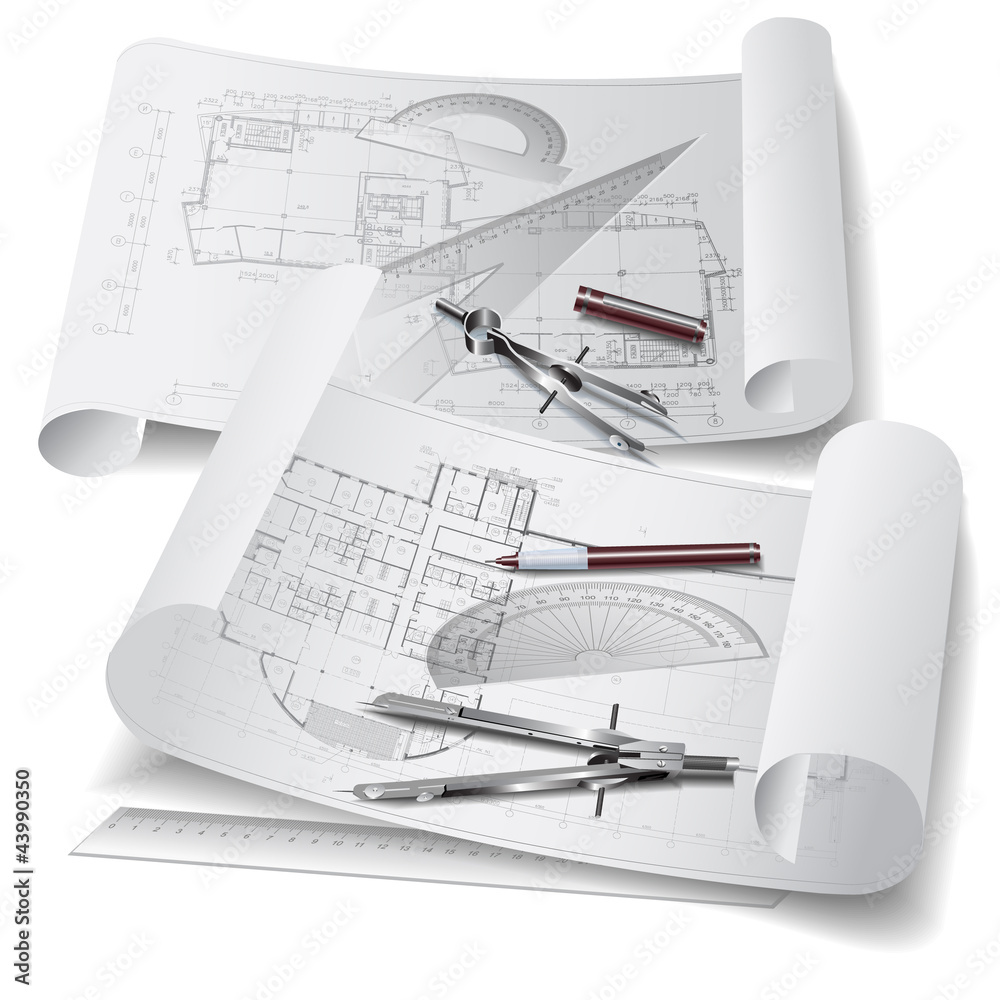 Architectural background with rolls of drawings Architectural background with rolls of drawings