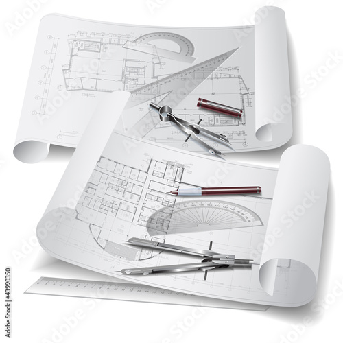 Architectural background with rolls of drawings