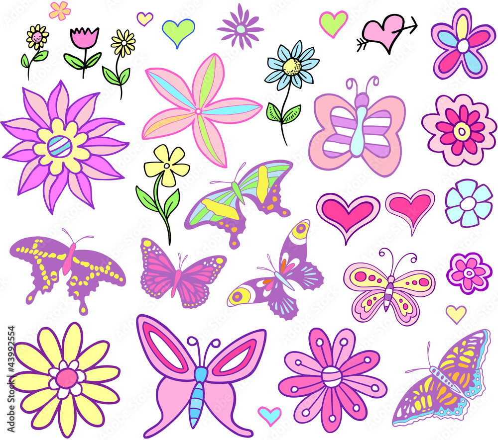 Spring Fairytale Flowers and Butterflies set - obrazy, fototapety, plakaty 