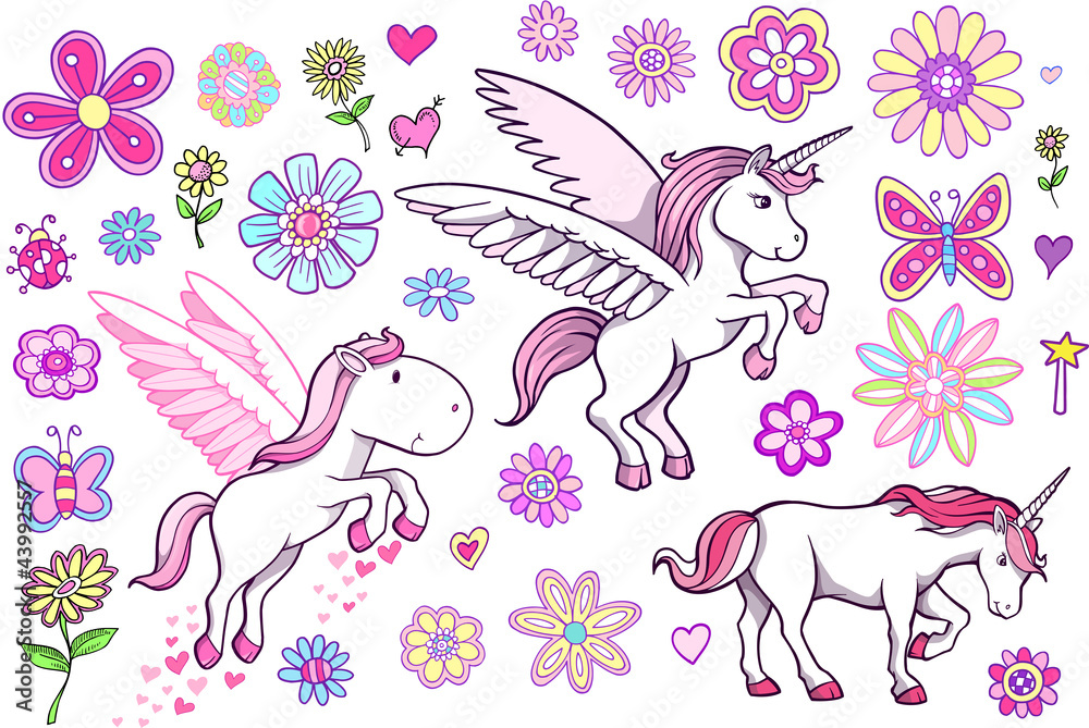 Unicorn Pegasus Fairytale Spring Vector Set - obrazy, fototapety, plakaty 
