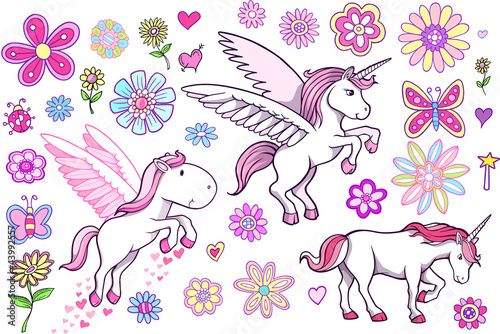 Unicorn Pegasus Fairytale Spring Vector Set #43992557