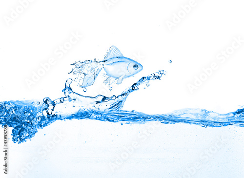 Canvas Print gold fish jumping over slash blue water