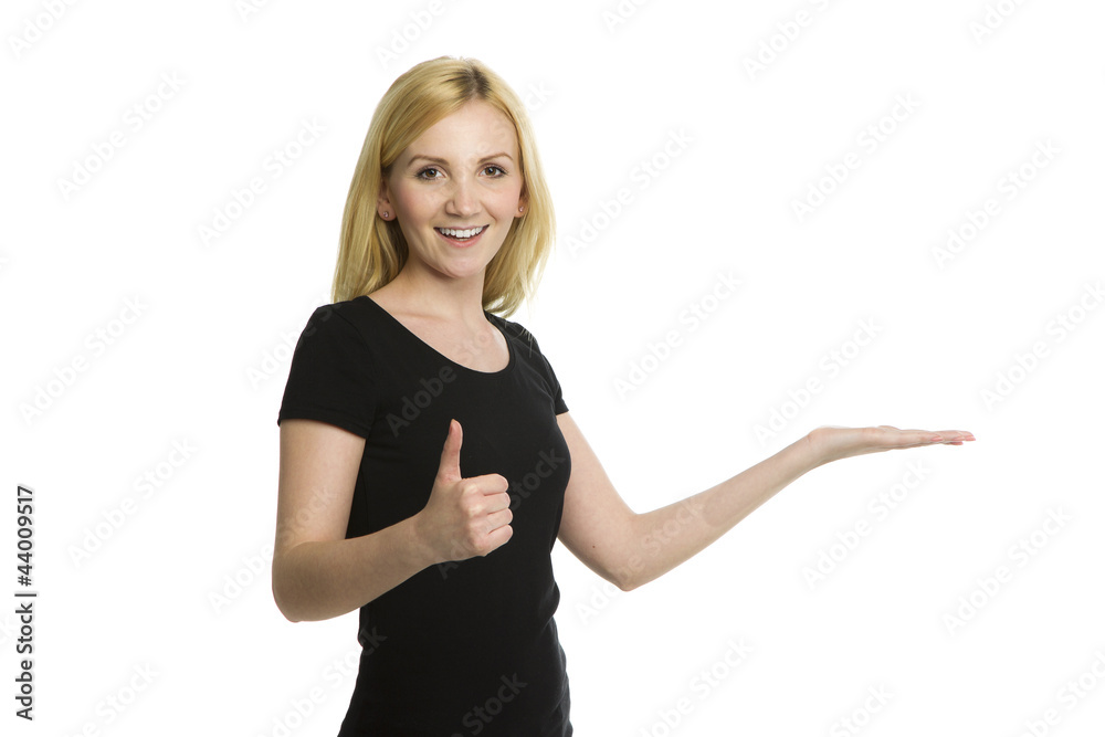 Auf Hand präsentieren und Daumen hoch Auf Hand präsentieren und Daumen hoch