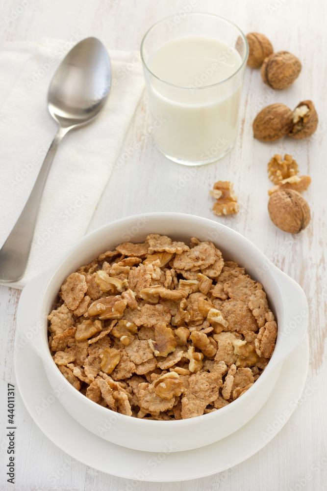 cereals with walnut in the white bowl