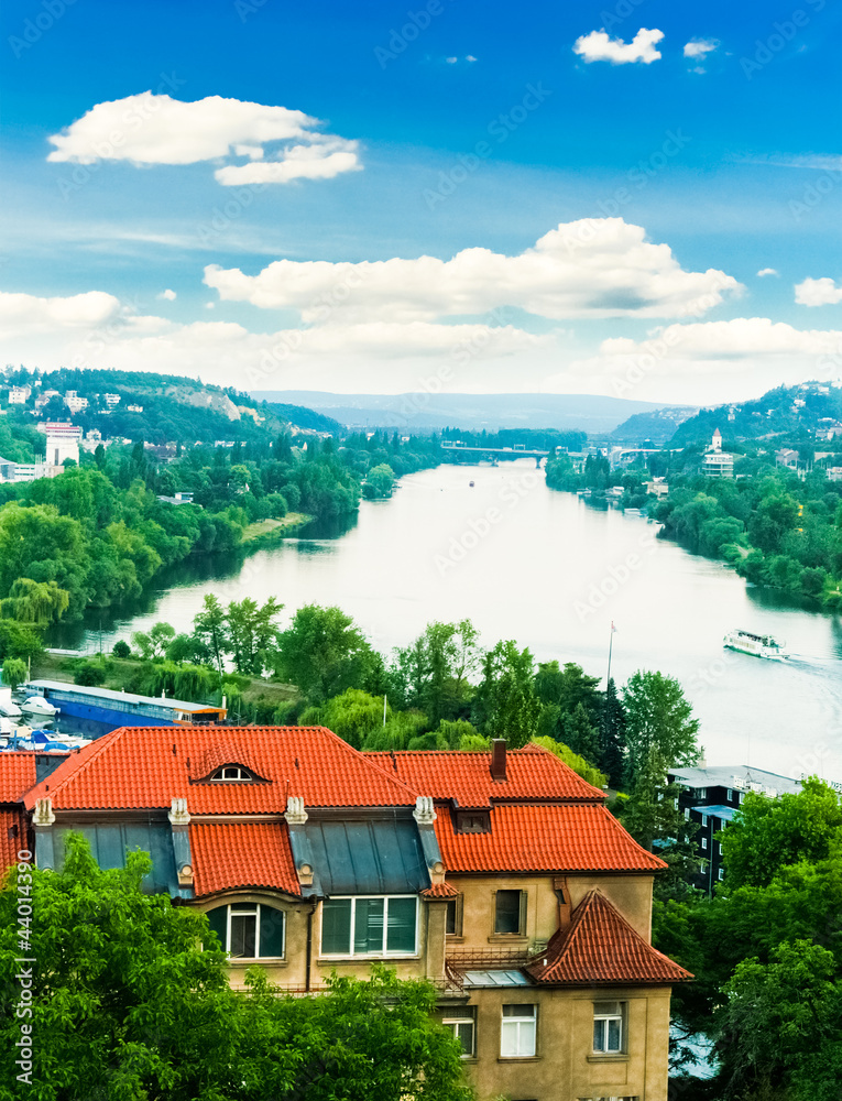 view of Prague city and Vltava river from Vysehrad hill