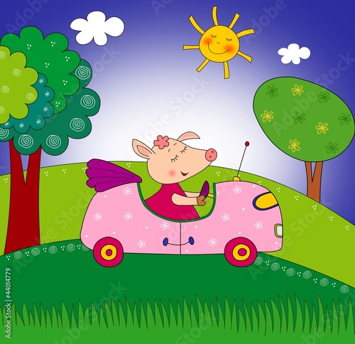 Piggy on the car. Illustration for children #44014779