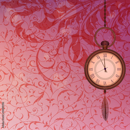 Abstract wallpaper with pink floral branches and pocket watch