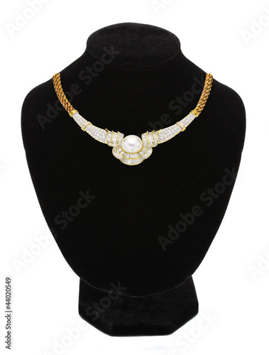 necklace with pearl on black mannequin isolated on white