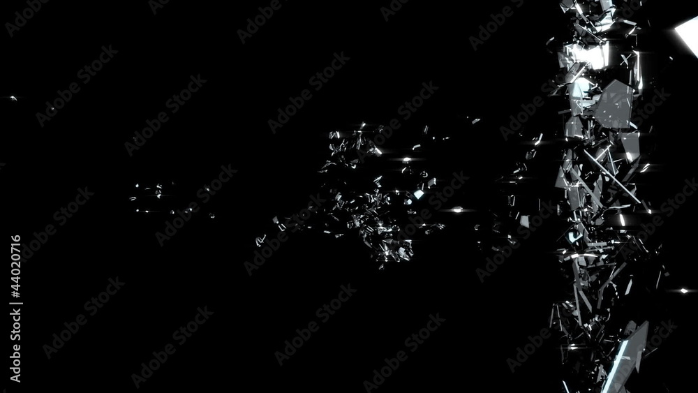 Broken glass: side view destruction, slow motion. Alpha