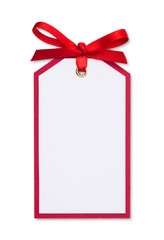 close up of card note with red ribbon on white background