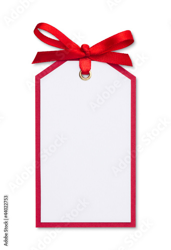 close up of card note with red ribbon on white background