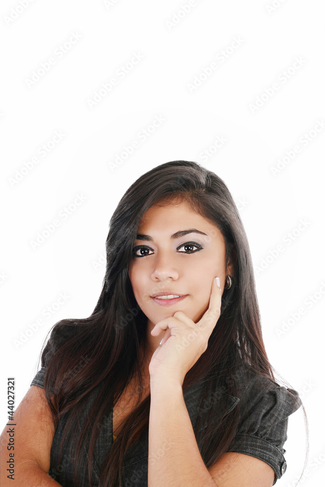 Young beautiful business woman thinking / making choice, isolate Young beautiful business woman thinking / making choice, isolate