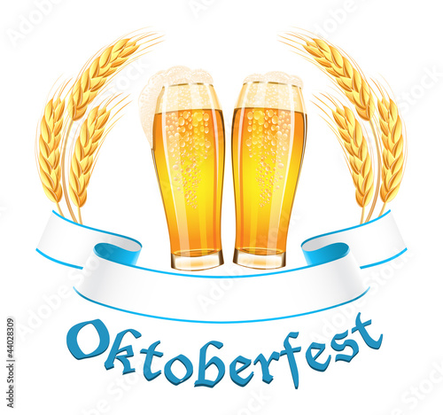 Oktoberfest banner with two beer glass and wheat ears