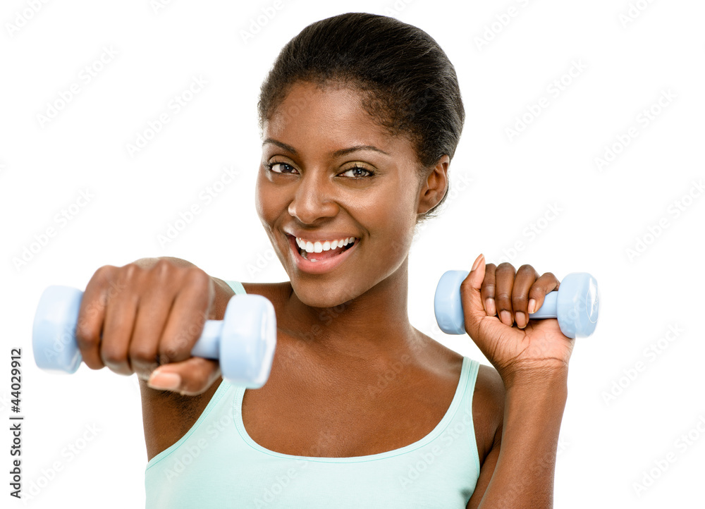 Closeup African American woman exercising white background Closeup African American woman exercising white background