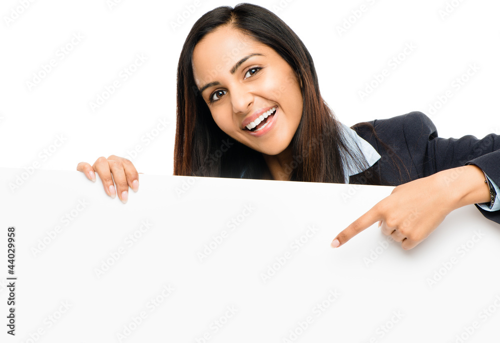 Portrait of attractive young indian woman holding billboard on w Portrait of attractive young indian woman holding billboard on w