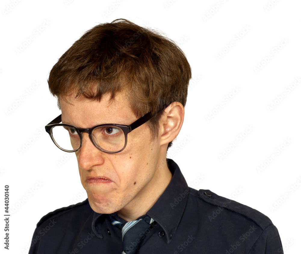 Displeased Man with Glasses on White Quarter View Displeased Man with Glasses on White Quarter View