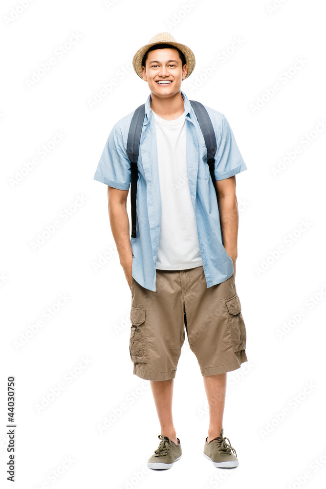 Attractive Asian tourist man smiling on white background Attractive Asian tourist man smiling on white background