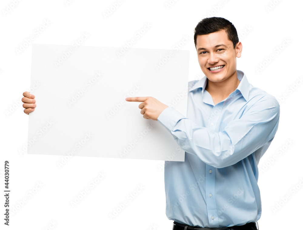 Asian businessman pointing at white billboard white background Asian businessman pointing at white billboard white background