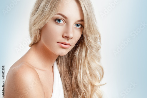 beautiful blonde woman closeup face portrait