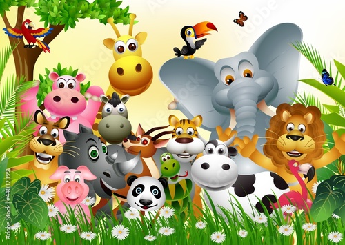 Naklejka zabawny duży zestaw zwierząt kreskówki z lasu tropikalnego tła