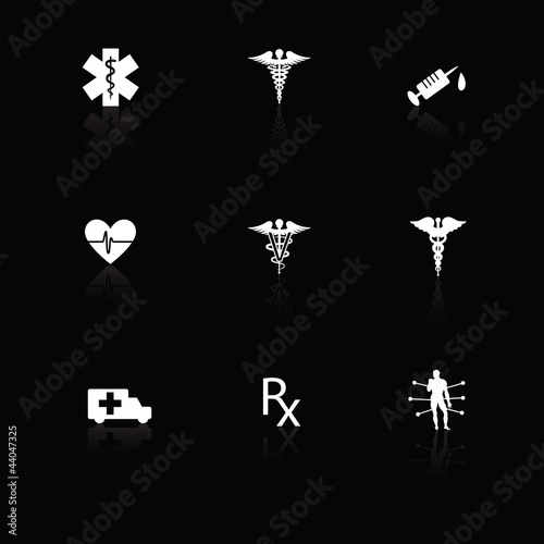 Medical icons white on black with reflections