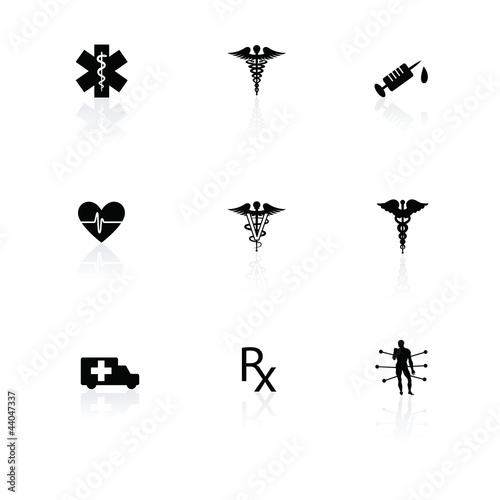 Medical icons black on white with reflections