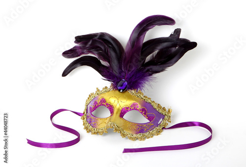 Purple and Gold Venetian Mask on White with Soft Shadow