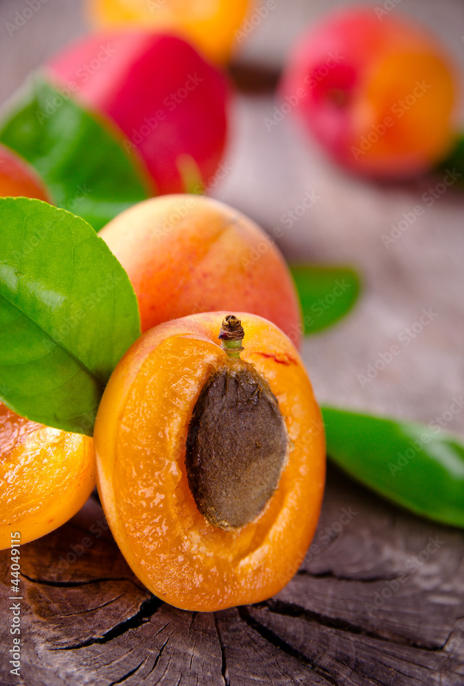 Freshly harvested apricots on wooden background