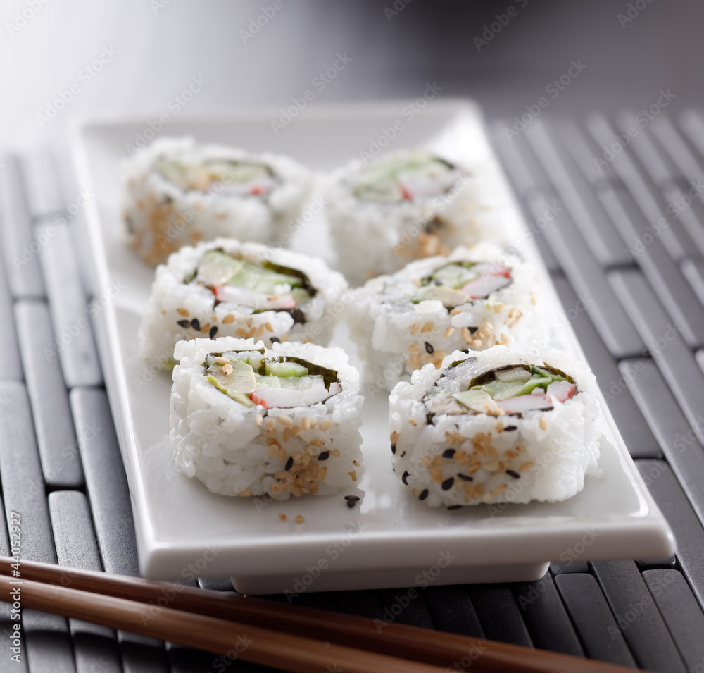 closeup of sushi california roll. closeup of sushi california roll.