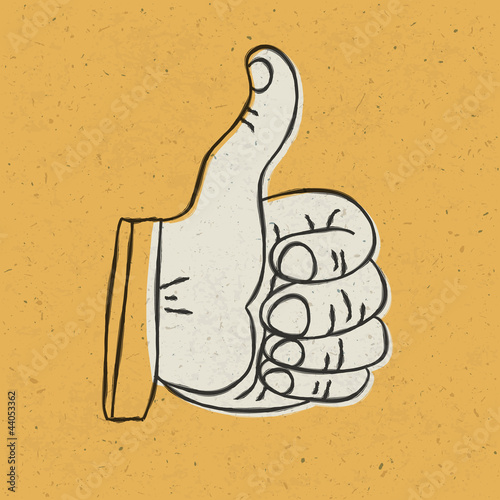 Retro styled thumb up symbol on yellow textured background. Vect