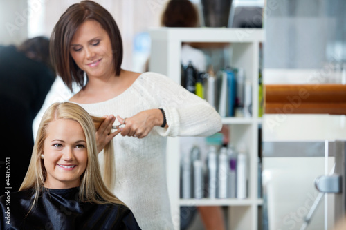 Woman Getting Haircut At Parlor