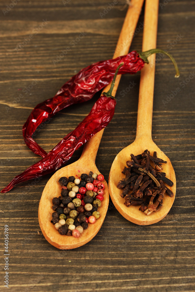 wooden spoons with spices and peppers on wooden table