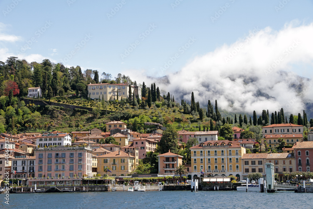 view of Bellagio village on lake Como and Villa Serbelloni on hi