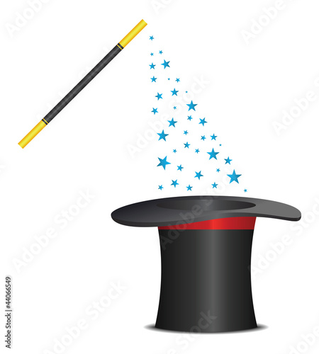 Magic hat and wand with sparkles. Vector illustration