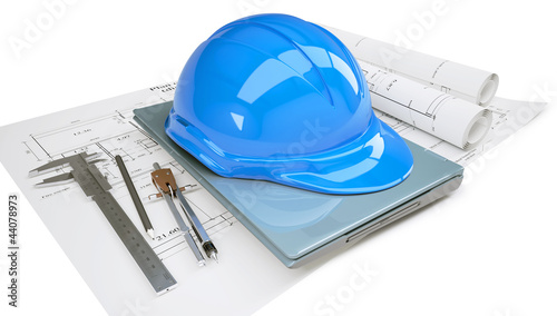Construction helmet and laptop in the drawings