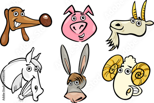 Cartoon farm animals heads set