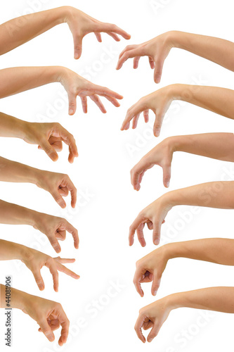 Set of hands to grab objects, isolated on white