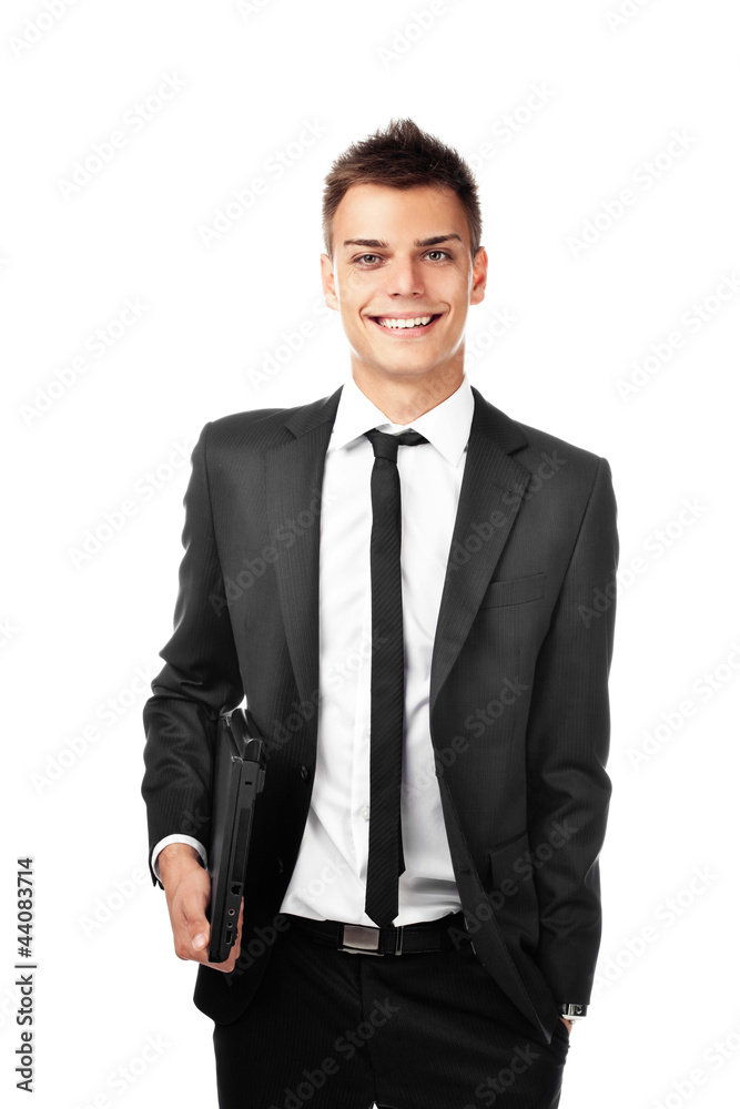 Young buisnessman with laptop smiling. Isolated Young buisnessman with laptop smiling. Isolated