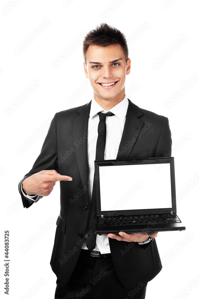 Handsome businessman pointing on laptop Handsome businessman pointing on laptop