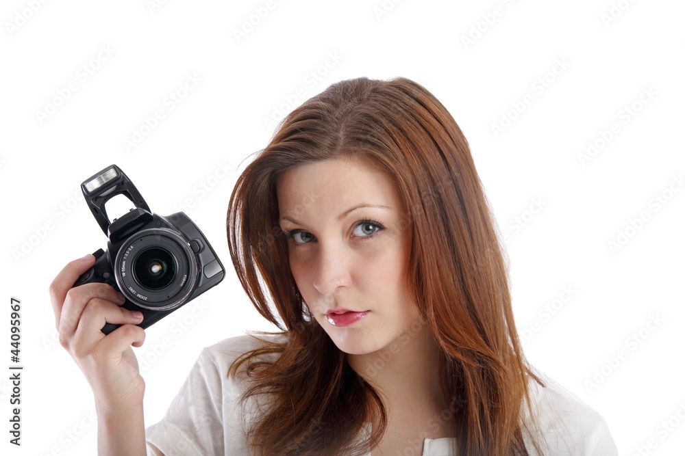 young woman with single-lens reflex camera (white background) young woman with single-lens reflex camera (white background)