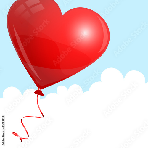 Flying Red Heart Balloon Sky & Clouds