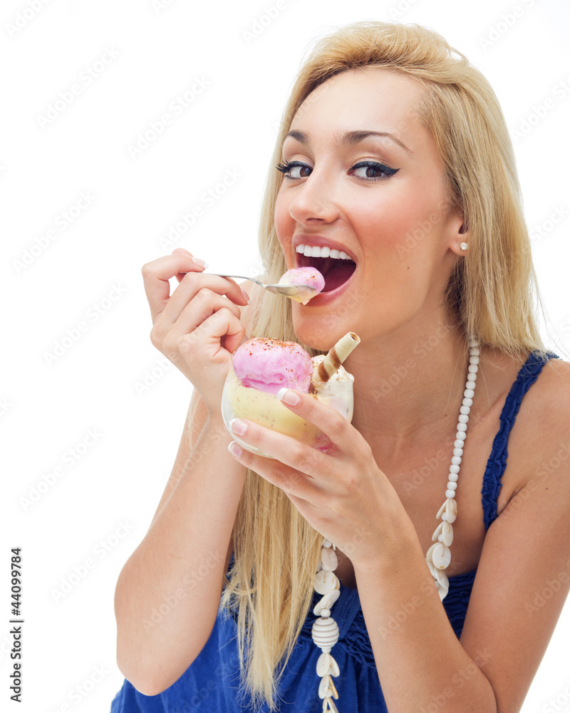 Happy woman eating ice cream,isolated on white Happy woman eating ice cream,isolated on white