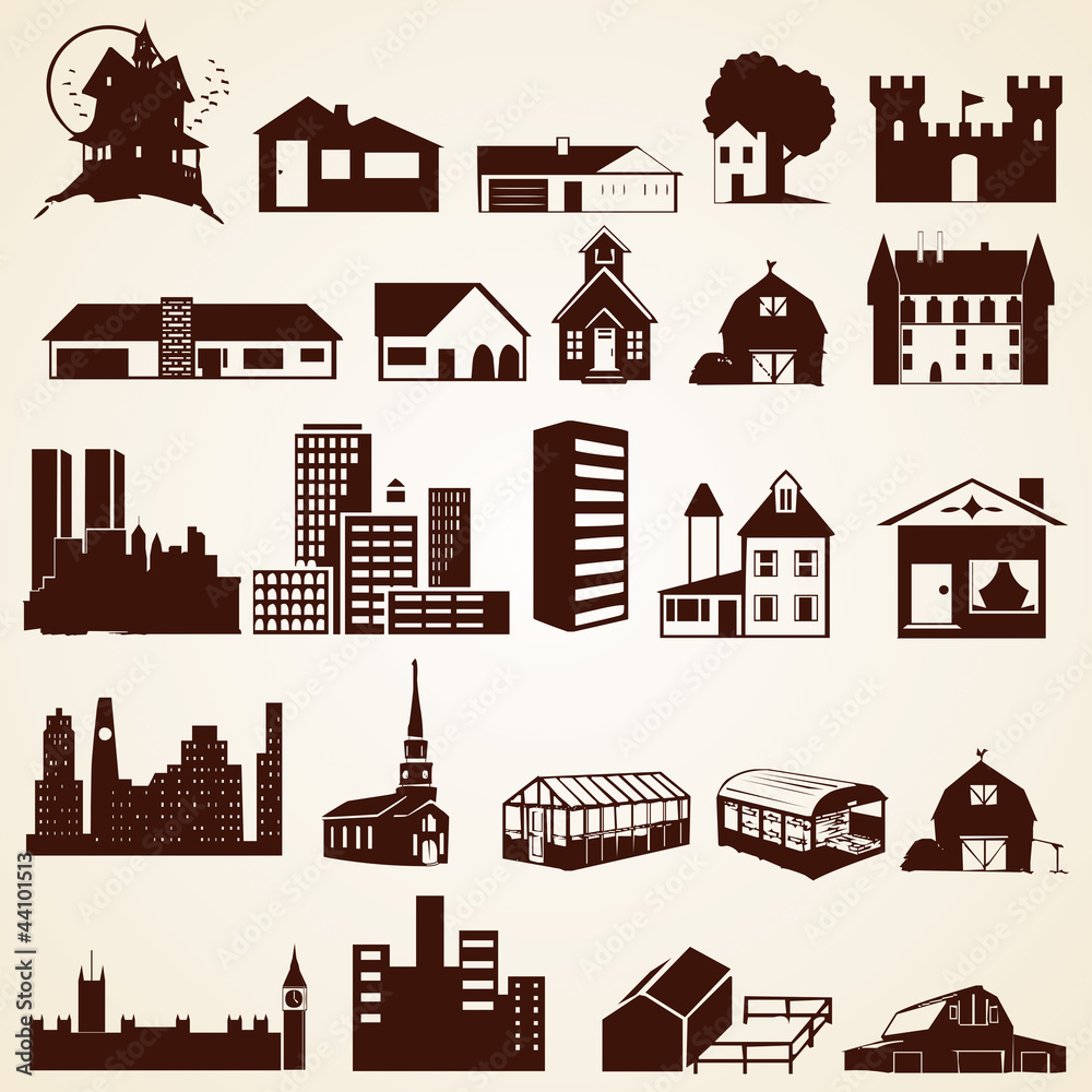 Houses buildings silhouettes, vector set of various buildings