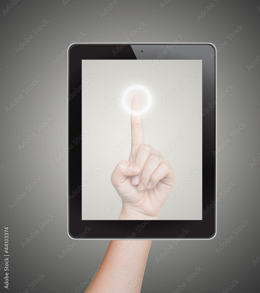 Hand pushing tablet on a touch screen blank interface Hand pushing tablet on a touch screen blank interface