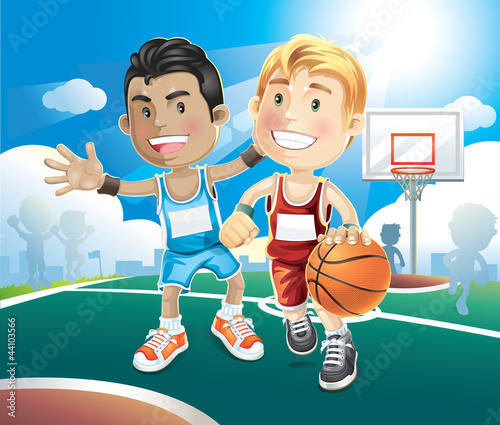 Kids playing basketball on outdoor court. vector illustration ca