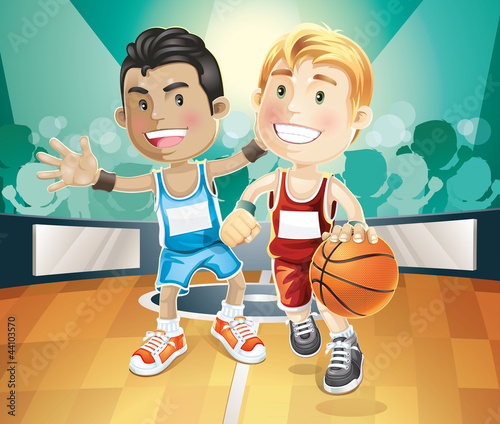 Kids playing basketball on indoor court. vector illustration car