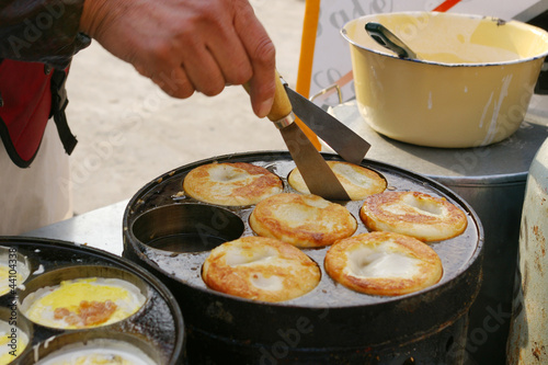 Photography Chinese street food, egg and meat cake.