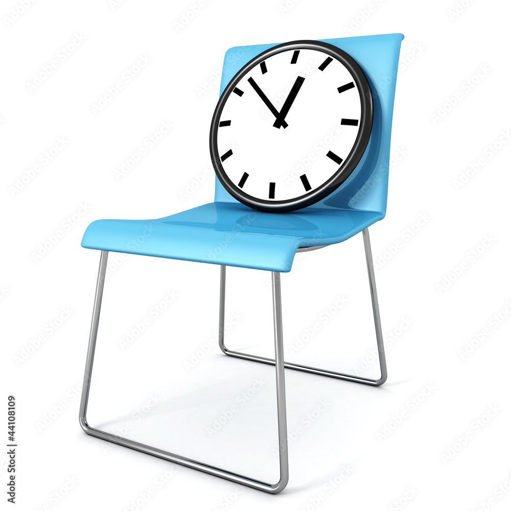 blue waiting chair with classic wall clock on it blue waiting chair with classic wall clock on it