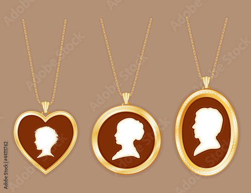 Cameo Family, vintage gold locket jewelry, chains, 3 silhouettes