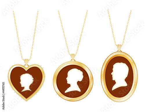 Cameo Family, vintage gold locket jewelry, chains, 3 silhouettes